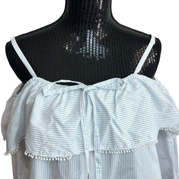 Jonathan Simkhai Top Sz XS Striped Ruffle Off The Shoulder 3/4 Sleeve Blue White - Picture 3 of 10
